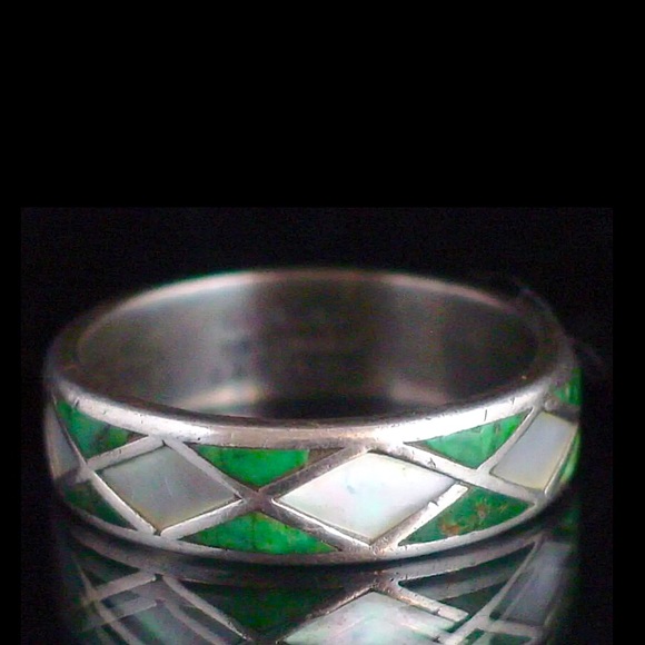 TAXCO Sterling Silver Green Turquoise Mother of Pearl HANDMADE Inlay Ring 12 - Picture 7 of 9